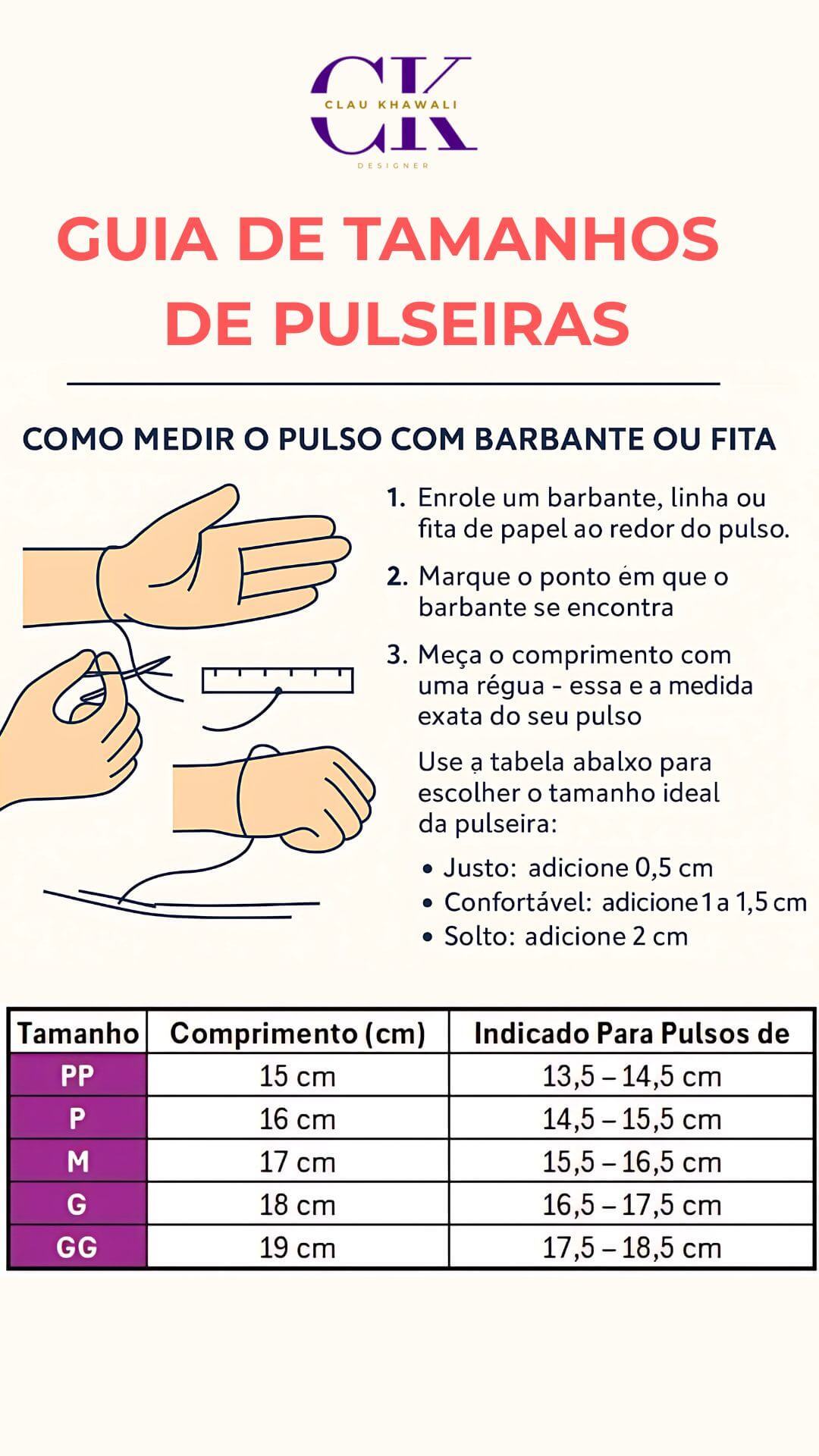 GUIA DE TAMANHOS DE PULSEIRAS clau khawali